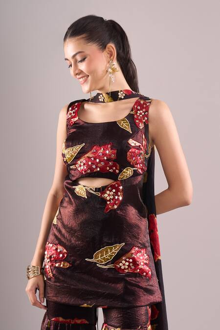 Samyukta Singhania_Brown Satin, Organza Embroidery, Mirrors Printed Hand Blouse And Sharara Set _at_Aza_Fashions