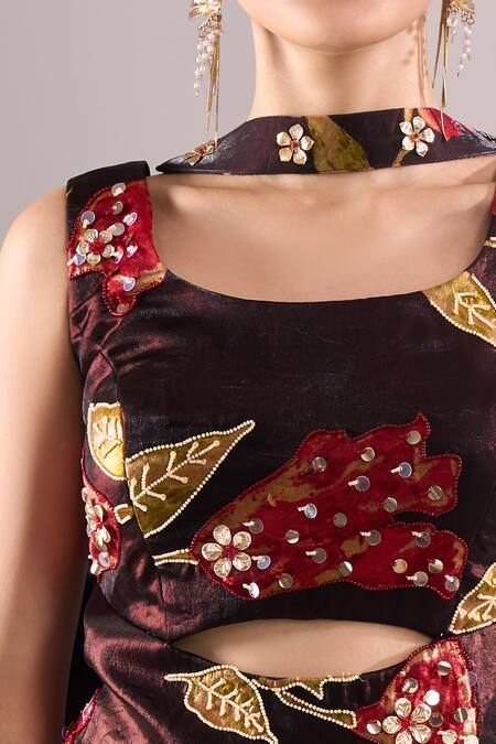 Buy_Samyukta Singhania_Brown Satin, Organza Embroidery, Mirrors Printed Hand Blouse And Sharara Set 