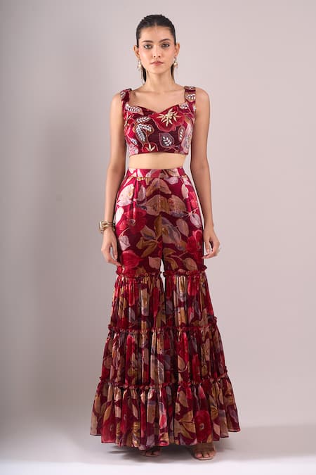 Samyukta Singhania_Maroon Embroidery Open , Sweetheart Printed Hand Jacket Sharara Set _Online_at_Aza_Fashions