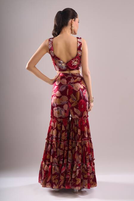 Buy_Samyukta Singhania_Maroon Embroidery Open , Sweetheart Printed Hand Jacket Sharara Set _Online_at_Aza_Fashions