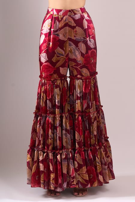 Shop_Samyukta Singhania_Maroon Embroidery Open , Sweetheart Printed Hand Jacket Sharara Set _Online_at_Aza_Fashions