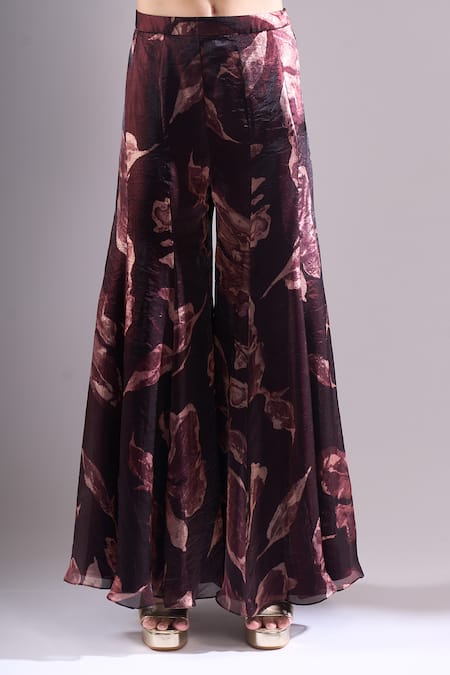 Samyukta Singhania_Brown Satin, Organza Embroidery, Sequins Printed Cut-out Kurta And Sharara Set _Online_at_Aza_Fashions