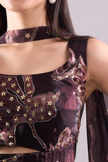 Buy_Samyukta Singhania_Brown Satin, Organza Embroidery, Sequins Printed Cut-out Kurta And Sharara Set _Online_at_Aza_Fashions