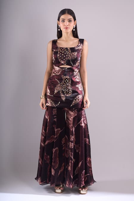 Shop_Samyukta Singhania_Brown Satin, Organza Embroidery, Sequins Printed Cut-out Kurta And Sharara Set _Online_at_Aza_Fashions