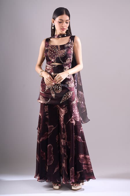 Samyukta Singhania_Brown Satin, Organza Embroidery, Sequins Printed Cut-out Kurta And Sharara Set _at_Aza_Fashions