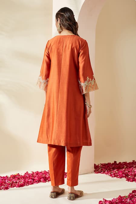 Mushio Orange Embroidered Chanderi Svara Kurta 