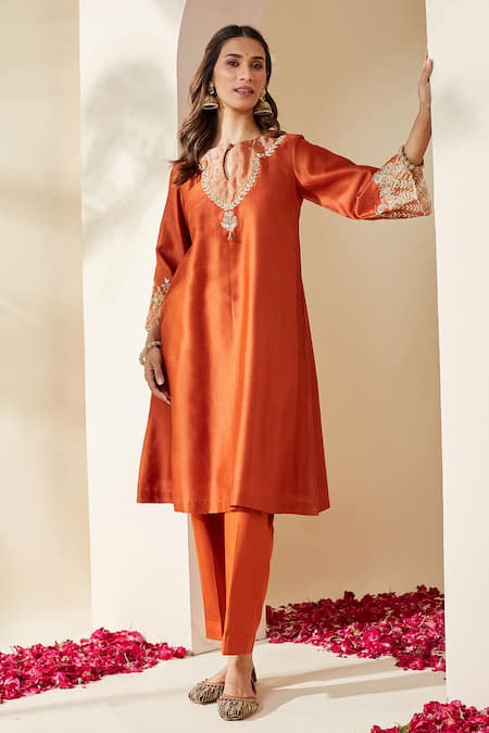 Mushio Orange Embroidered Chanderi Svara Kurta 
