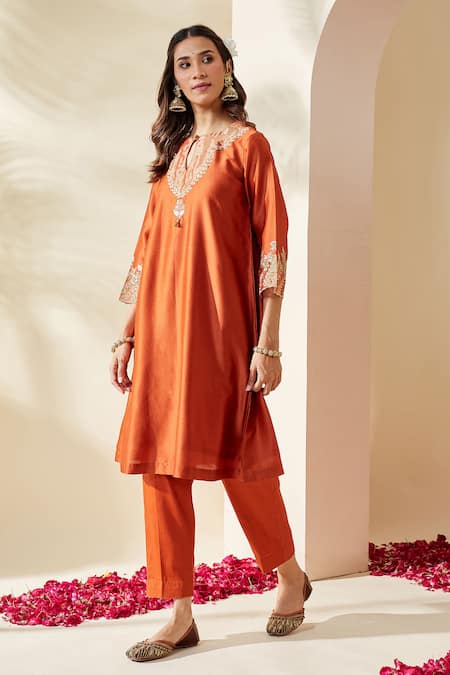 Buy_Mushio_Orange Chanderi Embroidery Keyhole Neck Svara Kurta _Online_at_Aza_Fashions