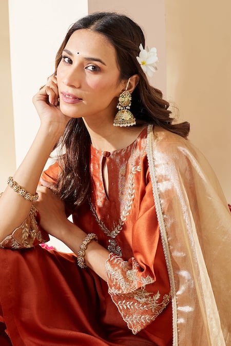 Shop_Mushio_Orange Chanderi Embroidery Keyhole Neck Svara Kurta _Online_at_Aza_Fashions