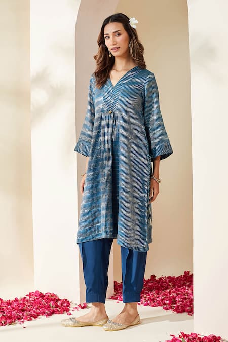 Mushio Dark Blue Zari Stripe Embellished Pranita Kurta 