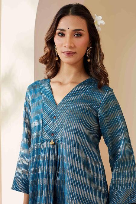 Buy_Mushio_Blue Chanderi Zari, Tassels, Embroidery Dark Stripe Embellished Pranita Kurta _Online_at_Aza_Fashions