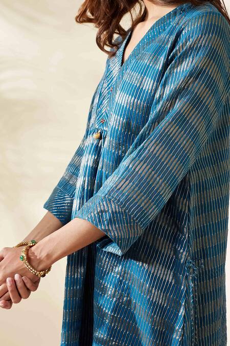 Shop_Mushio_Blue Chanderi Zari, Tassels, Embroidery Dark Stripe Embellished Pranita Kurta _Online_at_Aza_Fashions