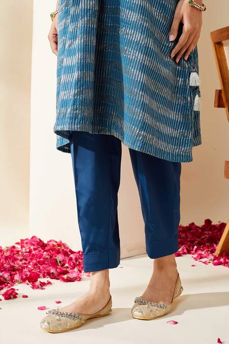 Mushio_Blue Chanderi Zari, Tassels, Embroidery Dark Stripe Embellished Pranita Kurta _at_Aza_Fashions