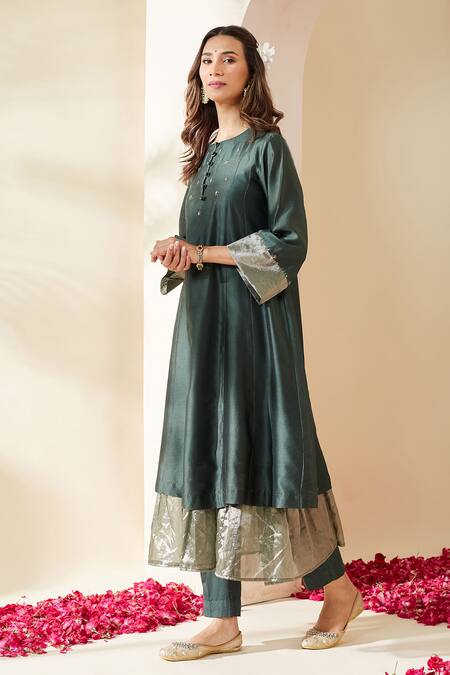 Mushio_Green Chanderi Embroidery Round Neck Royal Hand Embellished Nazneen Kurta _Online_at_Aza_Fashions