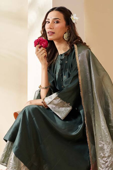 Shop_Mushio_Green Chanderi Embroidery Round Neck Royal Hand Embellished Nazneen Kurta _Online_at_Aza_Fashions