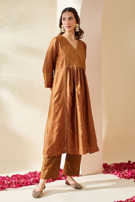 Mushio_Brown Chanderi Embroidery V-neck Hand Embellished Zohra Kurta _Online_at_Aza_Fashions