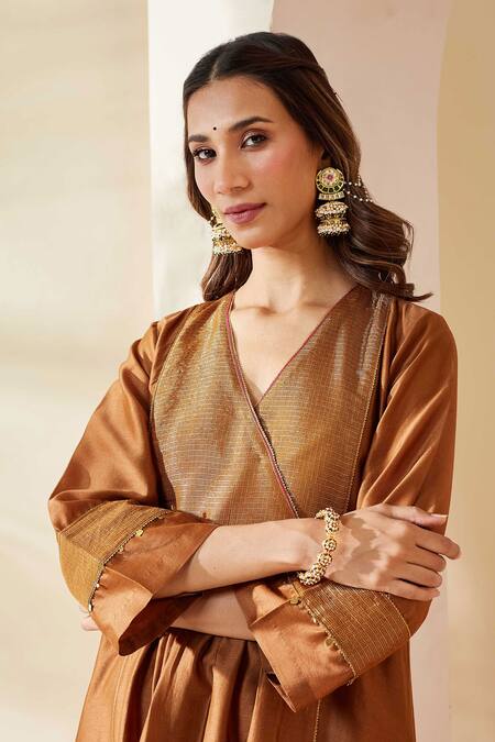 Buy_Mushio_Brown Chanderi Embroidery V-neck Hand Embellished Zohra Kurta _Online_at_Aza_Fashions