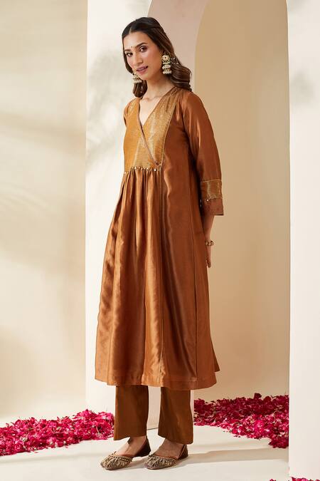 Shop_Mushio_Brown Chanderi Embroidery V-neck Hand Embellished Zohra Kurta _Online_at_Aza_Fashions