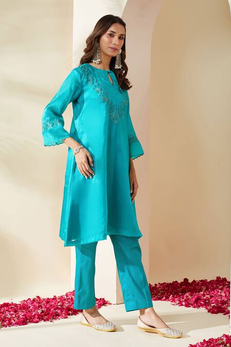 Mushio_Turquoise Chanderi Embroidery Keyhole , Round Organza Ruksaar Kurta _Online_at_Aza_Fashions