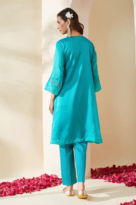 Mushio Turquoise Embroidered Organza Ruksaar Kurta 
