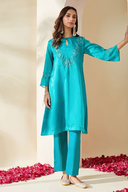 Mushio Turquoise Embroidered Organza Ruksaar Kurta 