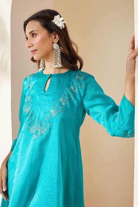 Shop_Mushio_Turquoise Chanderi Embroidery Keyhole , Round Organza Ruksaar Kurta _Online_at_Aza_Fashions