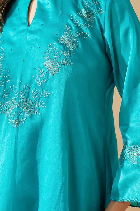 Mushio_Turquoise Chanderi Embroidery Keyhole , Round Organza Ruksaar Kurta _at_Aza_Fashions