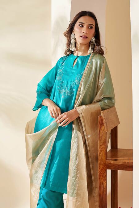 Shop_Mushio_Turquoise Chanderi Embroidery Keyhole , Round Organza Ruksaar Kurta 