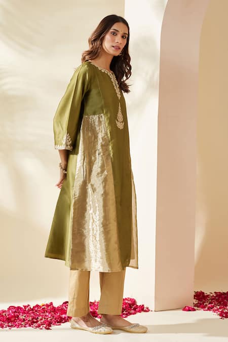 Mushio_Olive Green Chanderi Embroidery Round , Keyhole Mehreen Kurta _Online_at_Aza_Fashions