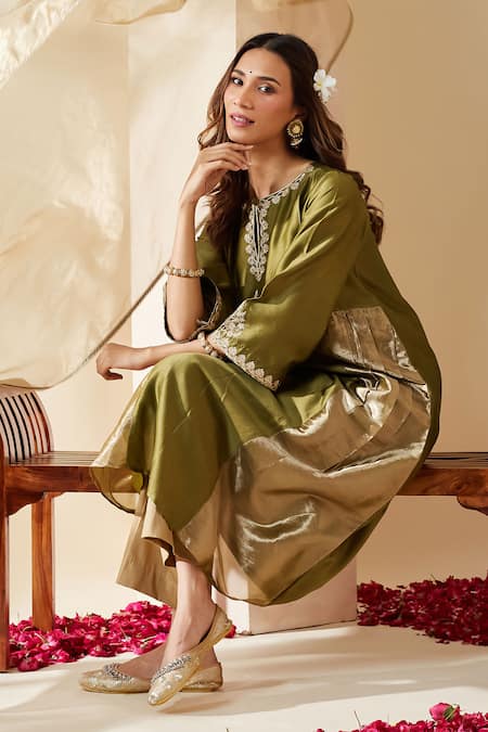 Shop_Mushio_Olive Green Chanderi Embroidery Round , Keyhole Mehreen Kurta _Online_at_Aza_Fashions