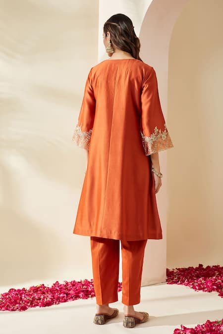 Mushio Orange Embroidered Chanderi Svara Kurta Set 