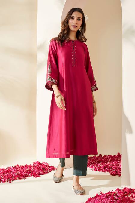 Shop_Mushio_Magenta Chanderi, Cotton, Silk, Tissue Embroidery, Floral Rashika Kurta Set _Online_at_Aza_Fashions