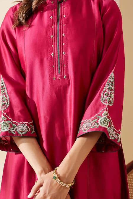Shop_Mushio_Magenta Chanderi, Cotton, Silk, Tissue Embroidery, Floral Rashika Kurta Set 