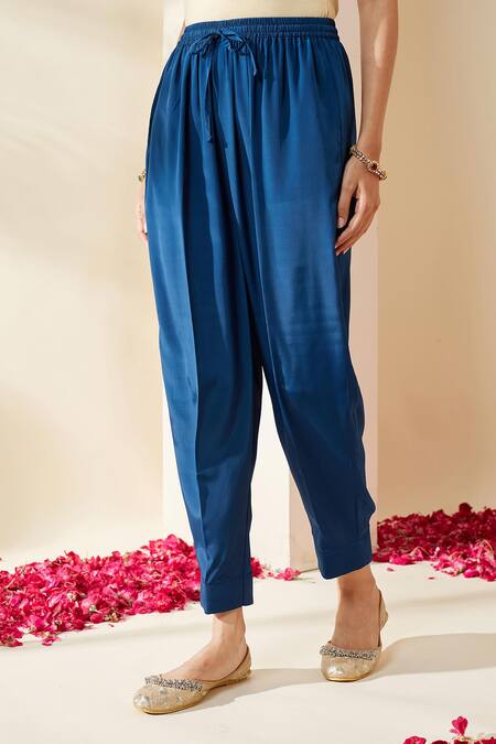 Mushio_Blue Chanderi, Crepe, Tissue Embroidery, Stripe Embellished Pranita Kurta Set _Online_at_Aza_Fashions