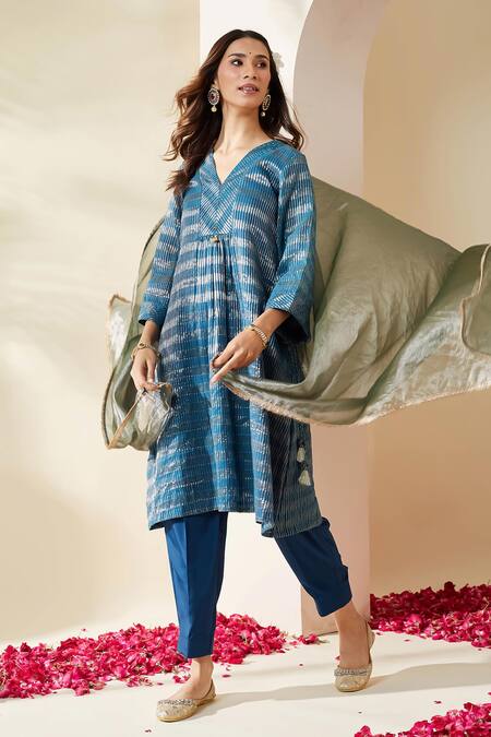 Shop_Mushio_Blue Chanderi, Crepe, Tissue Embroidery, Stripe Embellished Pranita Kurta Set _Online_at_Aza_Fashions