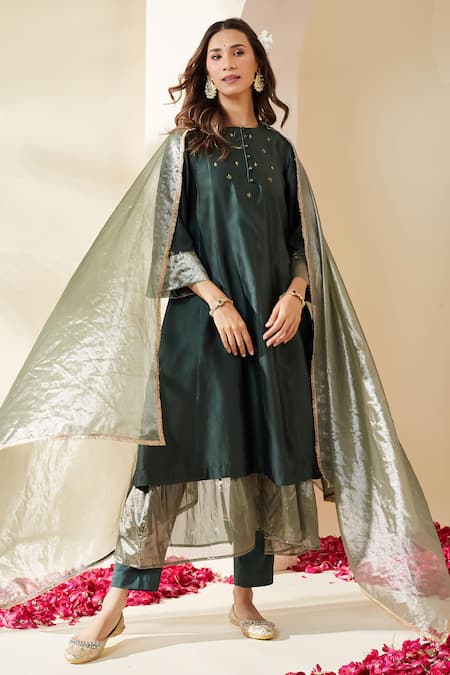Mushio_Green Chanderi, Cotton, Silk, Tissue Royal Hand Embellished Nazneen Kurta Set _at_Aza_Fashions