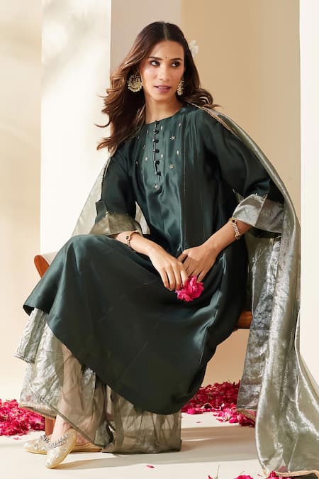 Buy_Mushio_Green Chanderi, Cotton, Silk, Tissue Royal Hand Embellished Nazneen Kurta Set 