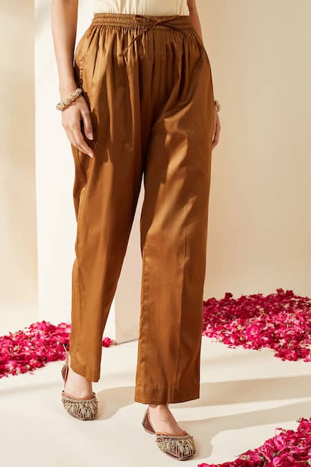 Mushio_Brown Chanderi, Cotton, Silk, Tissue, Kota Hand Embellished Zohra Kurta Set _Online_at_Aza_Fashions