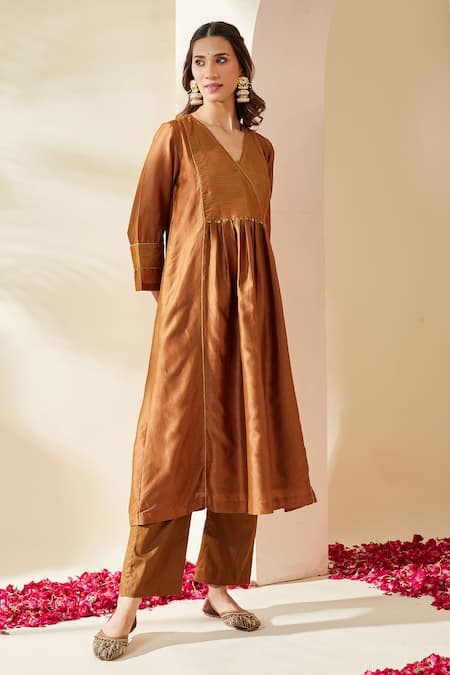 Shop_Mushio_Brown Chanderi, Cotton, Silk, Tissue, Kota Hand Embellished Zohra Kurta Set _Online_at_Aza_Fashions