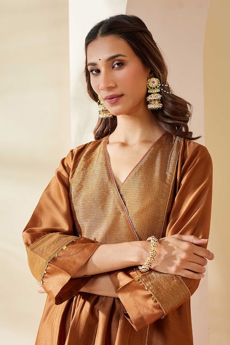 Mushio_Brown Chanderi, Cotton, Silk, Tissue, Kota Hand Embellished Zohra Kurta Set _at_Aza_Fashions