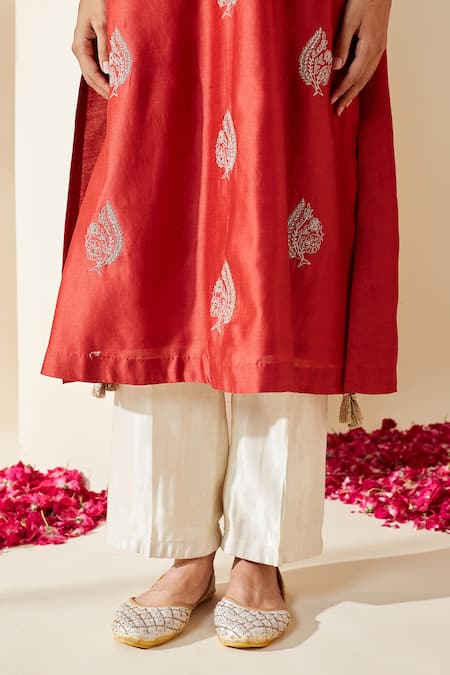 Shop_Mushio_Red Chanderi, Cotton, Silk, Tissue Embroidery, Tassels Keyhole Dilruba Kurta Set _Online_at_Aza_Fashions