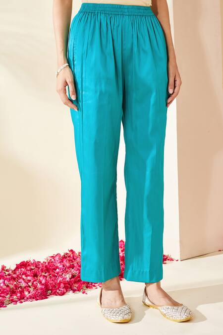 Mushio_Teal Chanderi, Cotton, Silk, Tissue Turquoise Organza Ruksaar Kurta Set _Online_at_Aza_Fashions