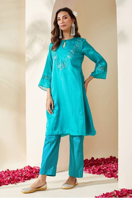 Buy_Mushio_Teal Chanderi, Cotton, Silk, Tissue Turquoise Organza Ruksaar Kurta Set _Online_at_Aza_Fashions