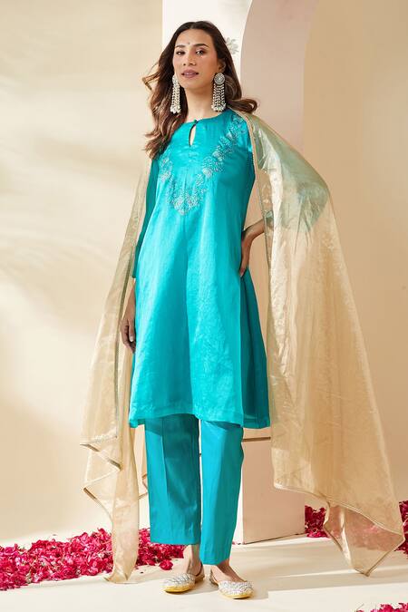 Shop_Mushio_Teal Chanderi, Cotton, Silk, Tissue Turquoise Organza Ruksaar Kurta Set _Online_at_Aza_Fashions