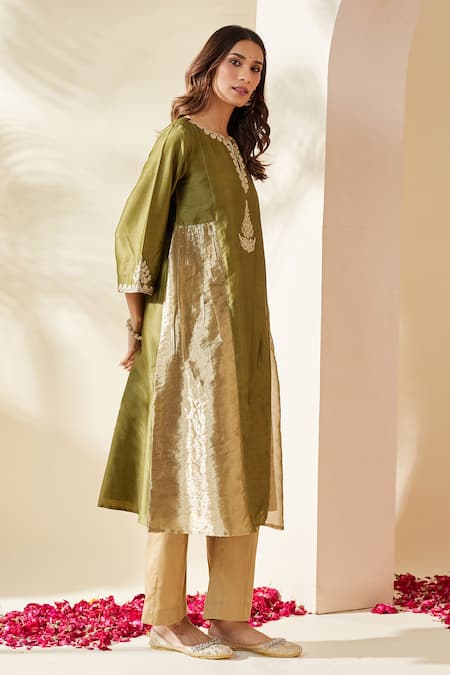 Mushio_Green Chanderi Silk, Cotton, Silk, Tissue Embroidery Olive Mehreen Kurta Set _Online_at_Aza_Fashions