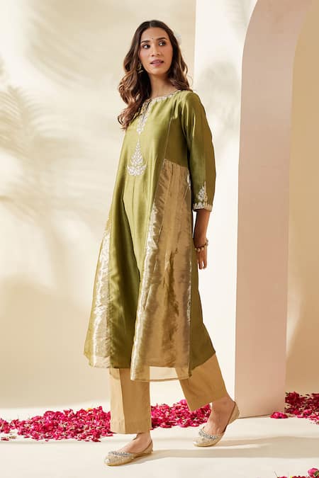Buy_Mushio_Green Chanderi Silk, Cotton, Silk, Tissue Embroidery Olive Mehreen Kurta Set _Online_at_Aza_Fashions