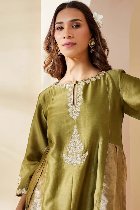 Shop_Mushio_Green Chanderi Silk, Cotton, Silk, Tissue Embroidery Olive Mehreen Kurta Set _Online_at_Aza_Fashions