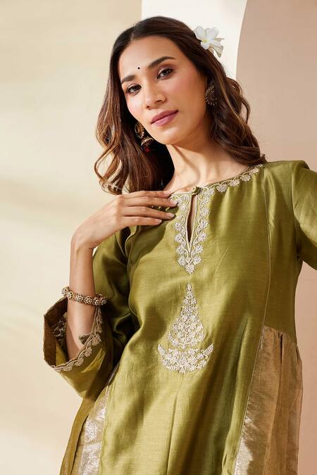 Buy_Mushio_Green Chanderi Silk, Cotton, Silk, Tissue Embroidery Olive Mehreen Kurta Set 