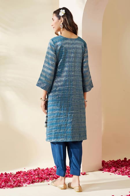 Mushio Blue Zari Stripe Embellished Pranita Kurta & Pant Set 