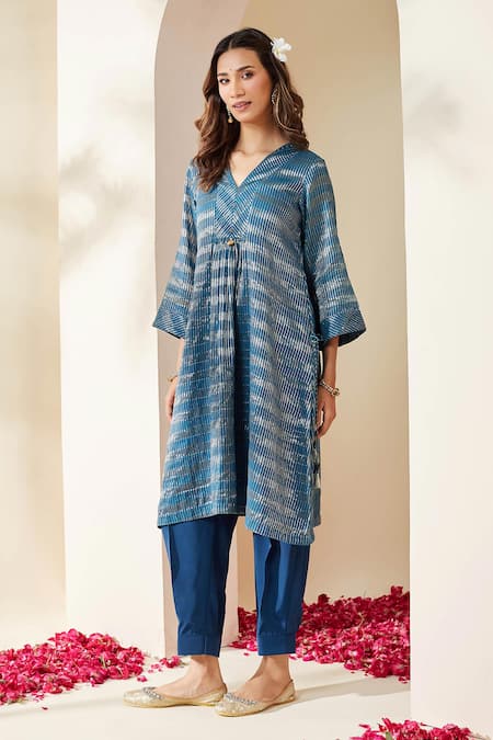Mushio Blue Zari Stripe Embellished Pranita Kurta & Pant Set 